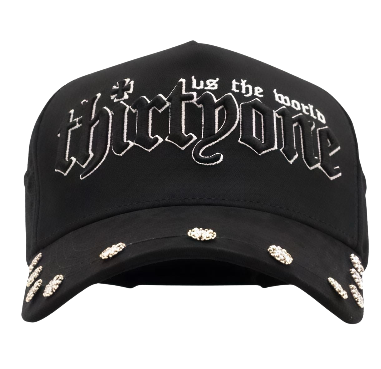 Black cap with 'thirtyone vs the world' text and decorative elements
